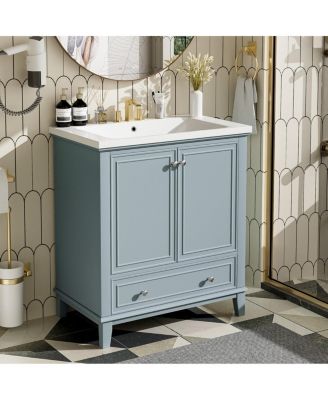 30 Bathroom Vanity with Ceramic Sink, Solid Wood Frame, Multi-Functional Cabinet & Drawer Storage for Modern Bathrooms