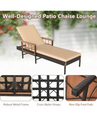 Patio Rattan Chaise Lounge Reclining Lounger Chair w/ Wood Armrests Outdoor