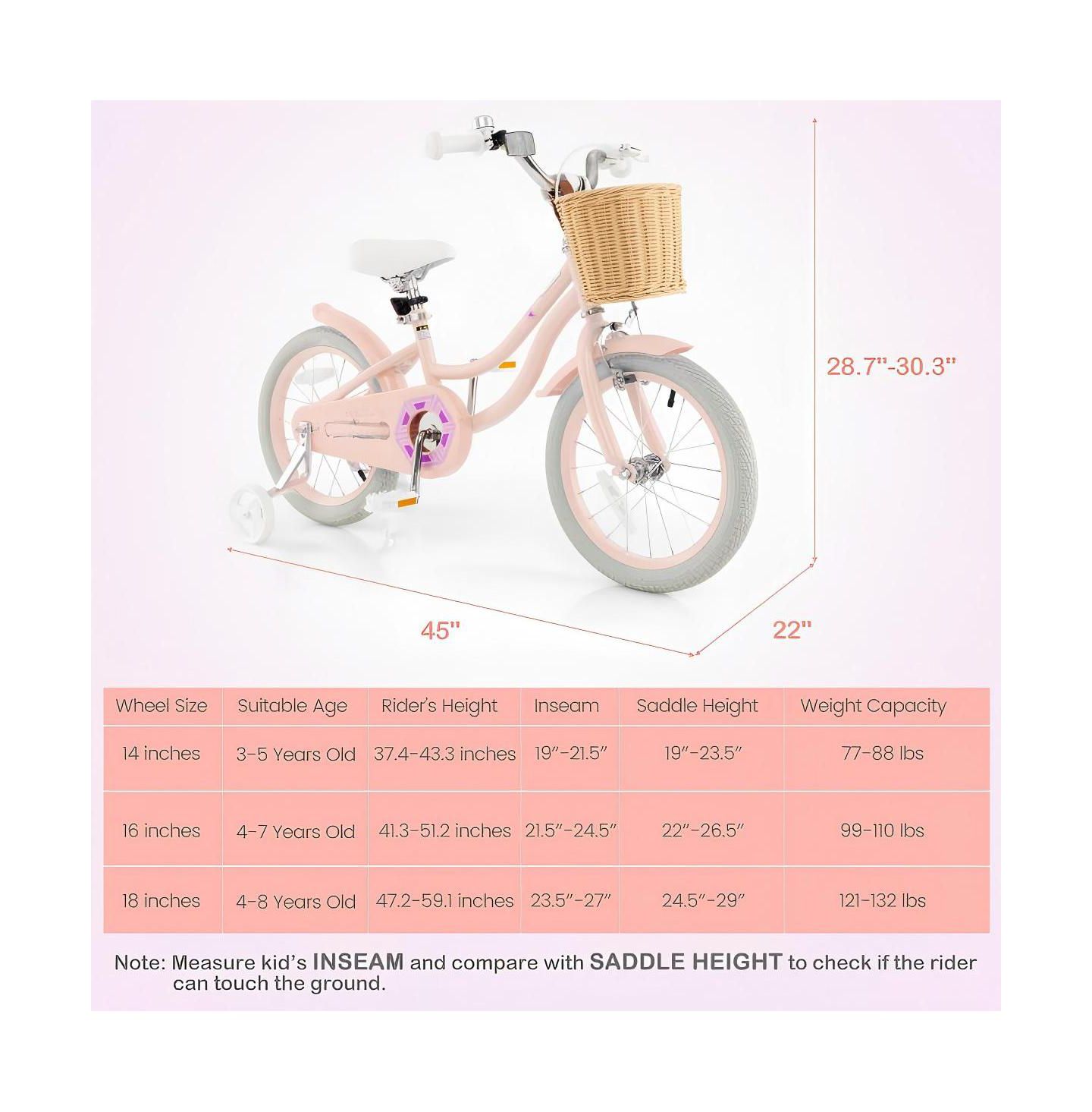 Детская игрушка HONGGE 16 Inch Kids Bike with Adjustable Handlebars and Removable Training Wheels, Ages 4+, цвет: Розовый — фото 3