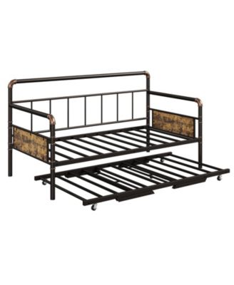 Twin Daybed with Pop Up Trundle Set, Metal Bed Frame with Steel Slats