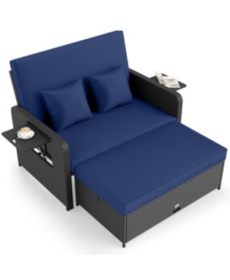 Set of 2 PE Wicker Outdoor Daybed w/4-Level Adjustable Backrest Storage Ottoman