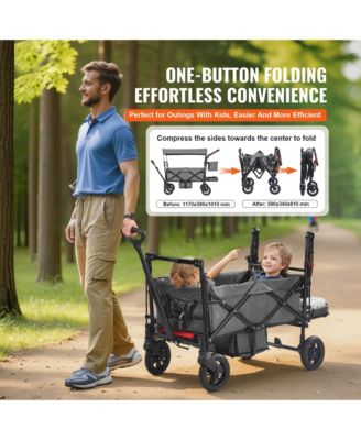 Wagon Stroller for 2 Kids, Push Pull Quad Collapsible Stroller with Adjustable Handle, Encircling Harness and Removable Canopy for Camping