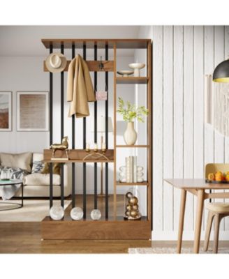 71" Wall Room Divider with Shelves & Coat Hooks, Wood Freestanding Room Divider Bookcase for Home & Office Decorative.