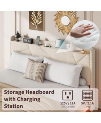 King Floating Bed Frame LED Lights USB Charging Upholstered Storage Headboard Metal Slats No Box Spring