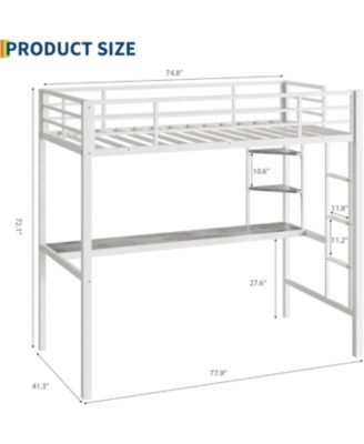 Twin Metal Loft Bed with Large Desk Storage Shelves Ladder Safety Guardrail Steel Slats Space-Saving