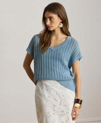 Women's Short-Sleeve V-Neck Ribbed Sweater