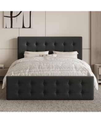 Bed Frame 4 Storage Drawers Linen Upholstered Headboard Wooden Slats No Box Spring Button Tufted