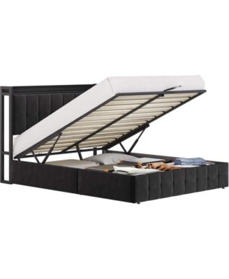 Bed Frame Lift-Up Storage Upholstered Velvet Tufted Headboard Metal Frame Wooden Slats No Box Spring