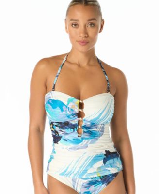 Women's Amorphic Bead Trim Bandeau Neck One-Piece Swimsuit