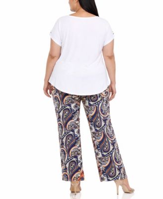 Plus Size Solid Top Paisley Print Pant Set