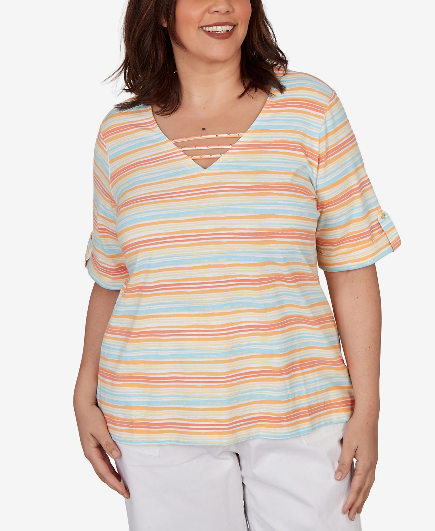 Женский топ HEARTS OF PALM Plus Size Embellished Stretch V-Neck, цвет: Разноцветный — фото 1