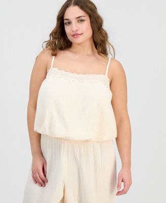 Plus Cotton Crochet-Trim Bubble-Hem Top