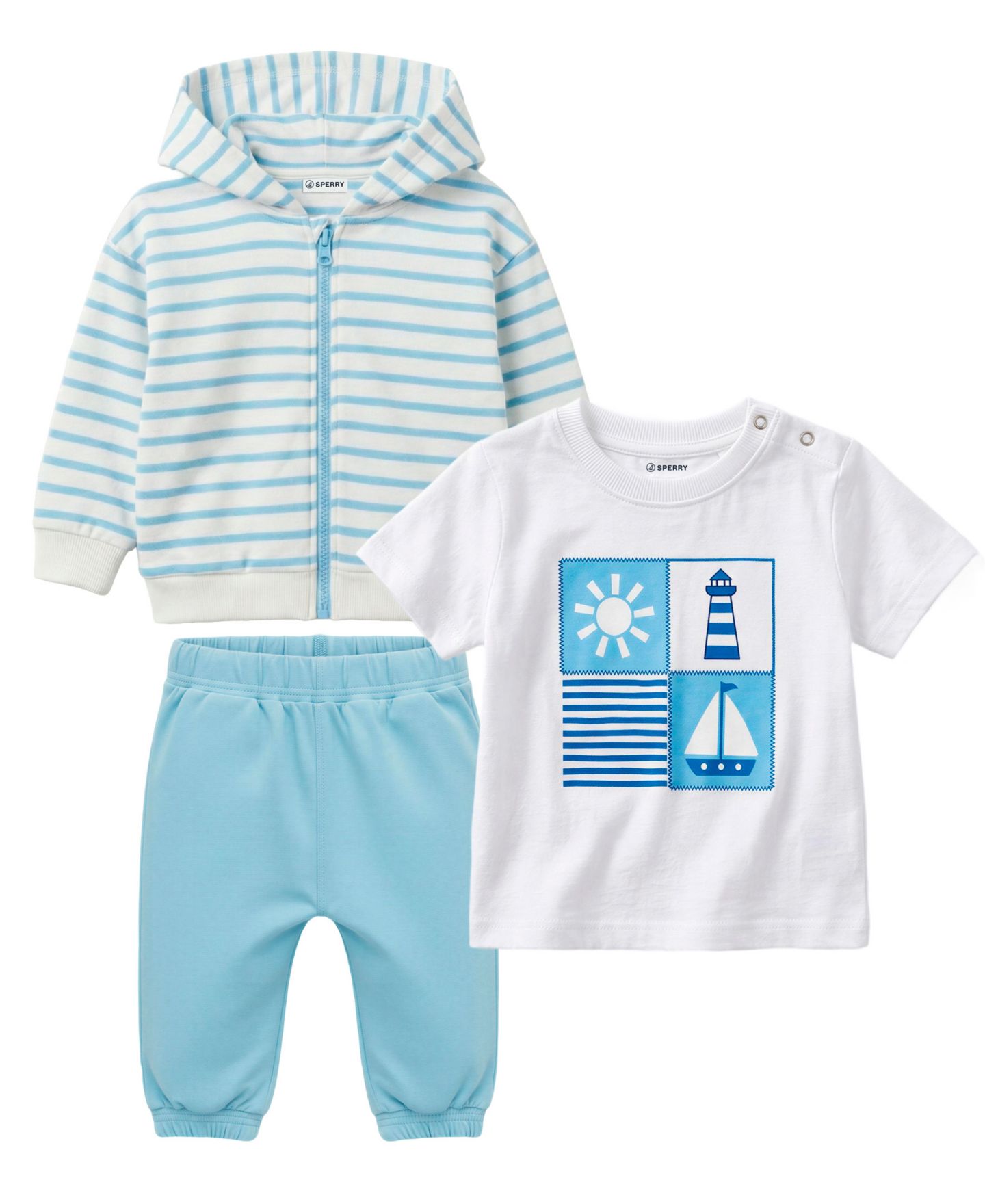 Комплекты Sperry Hooded Jacket, T-Shirt and Jogger Pants, 3-Piece Set для мальчиков-малышей, цвет: Синий / Белый — фото 2