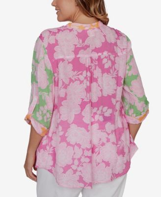 Plus Size Color Block Floral Pintuck Gauze Top