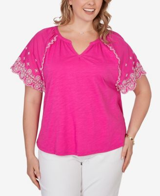 Plus Size Embroidered Sleeve Slub Knit Top