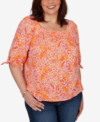 Plus Size Paisley Print Tie-Sleeve Knit Top