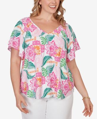 Plus Size Tropical Floral Eyelet Flutter Sleeve Top