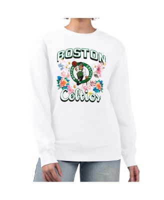 Women's White Boston Celtics Flowers Team Logo Graphic Fleece Crewneck Pullover Sweatshirt