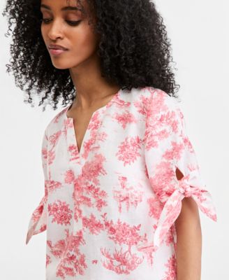 Women's 100% Linen Split-Neck Tie-Cuff Top