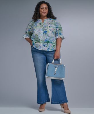 Plus Size Allover Watercolor Split Neck Top