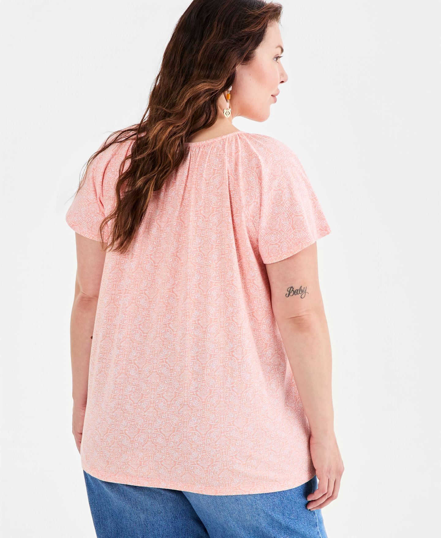 Женский топ Style & Co Plus Size Printed Scoop-Neck Flutter-Sleeve, цвет: Melon Ball — фото 4