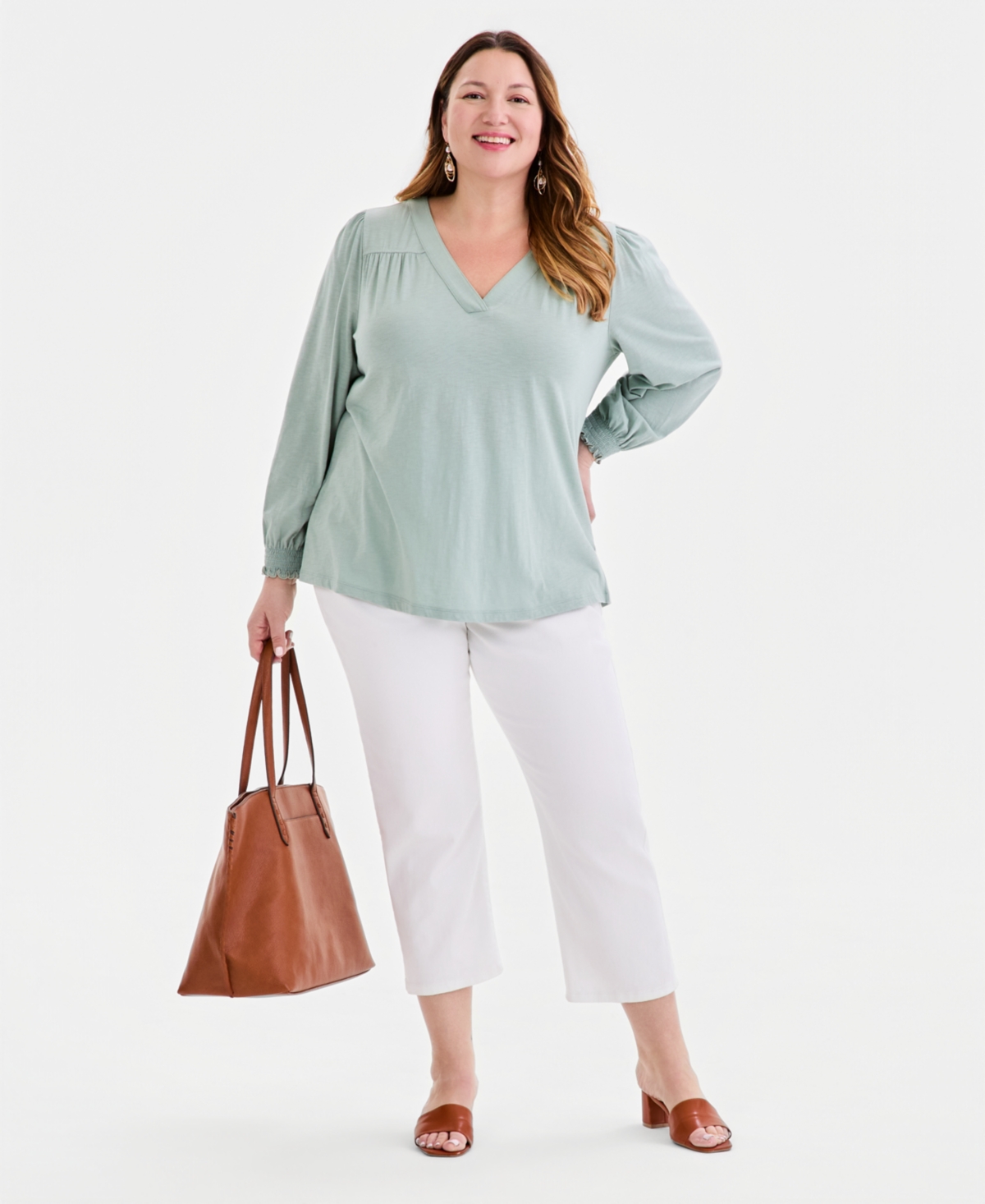 Style & Co Plus V-Neck Smocked-Cuff Long-Sleeve Top, Macy's Exclusive