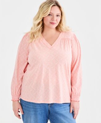 Plus Size Smocked-Cuff V-Neck Top