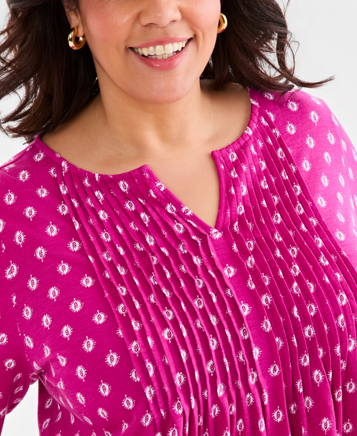Style & Co Plus Size Printed Pintuck Split-Neck 3/4-Sleeve Top, Macy's Exclusive