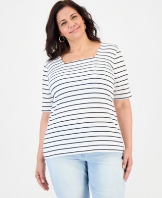 Plus Size Scalloped Square-Neck Striped Top