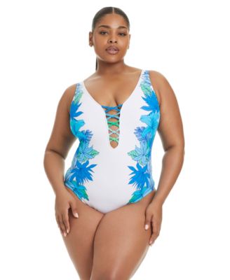 Plus Size Leys Get Knotty Lace-Down V-Neck One-Piece Swimsuit