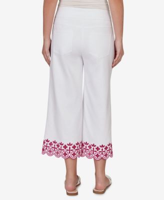 Petite Embroidered Hem Colored Denim Pull-On Crop Pants