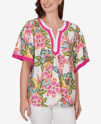Petite Tropical Floral Trim Detail Top