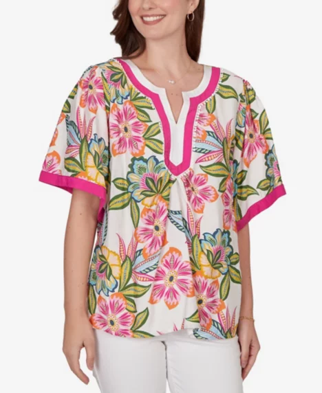 Petite Tropical Floral Trim Detail Top - Fuchsia Multi