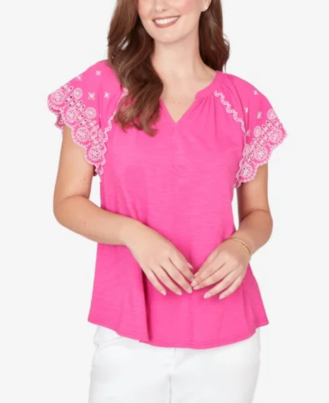 Petite Embroidered Sleeve Slub Knit T-Shirt - Fuchsia