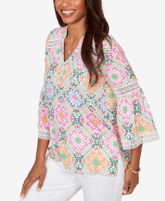 Petite Medallion Print Lace Detail Knit Top