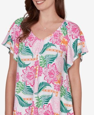 Petite Tropical Floral Eyelet Flutter Sleeve T-Shirt