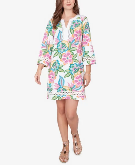 Petite Bold Tropical Solid Trim Shift Dress - White Multi