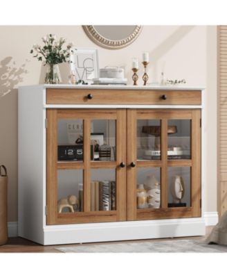 35 Point 4 Inch Sideboard Buffet Cabinet with Glass Door and Drawer White Plus Brown Modern Storage for Dining Room Kitchen