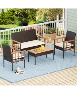 8 PCS Wicker Furniture Set with Acacia Wood Tabletop Armrests Cushions for Backyard