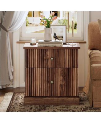 Fluted Nightstand with Drawers, Mid Century Modern Bedside Table, Brown Nightstand with Storage