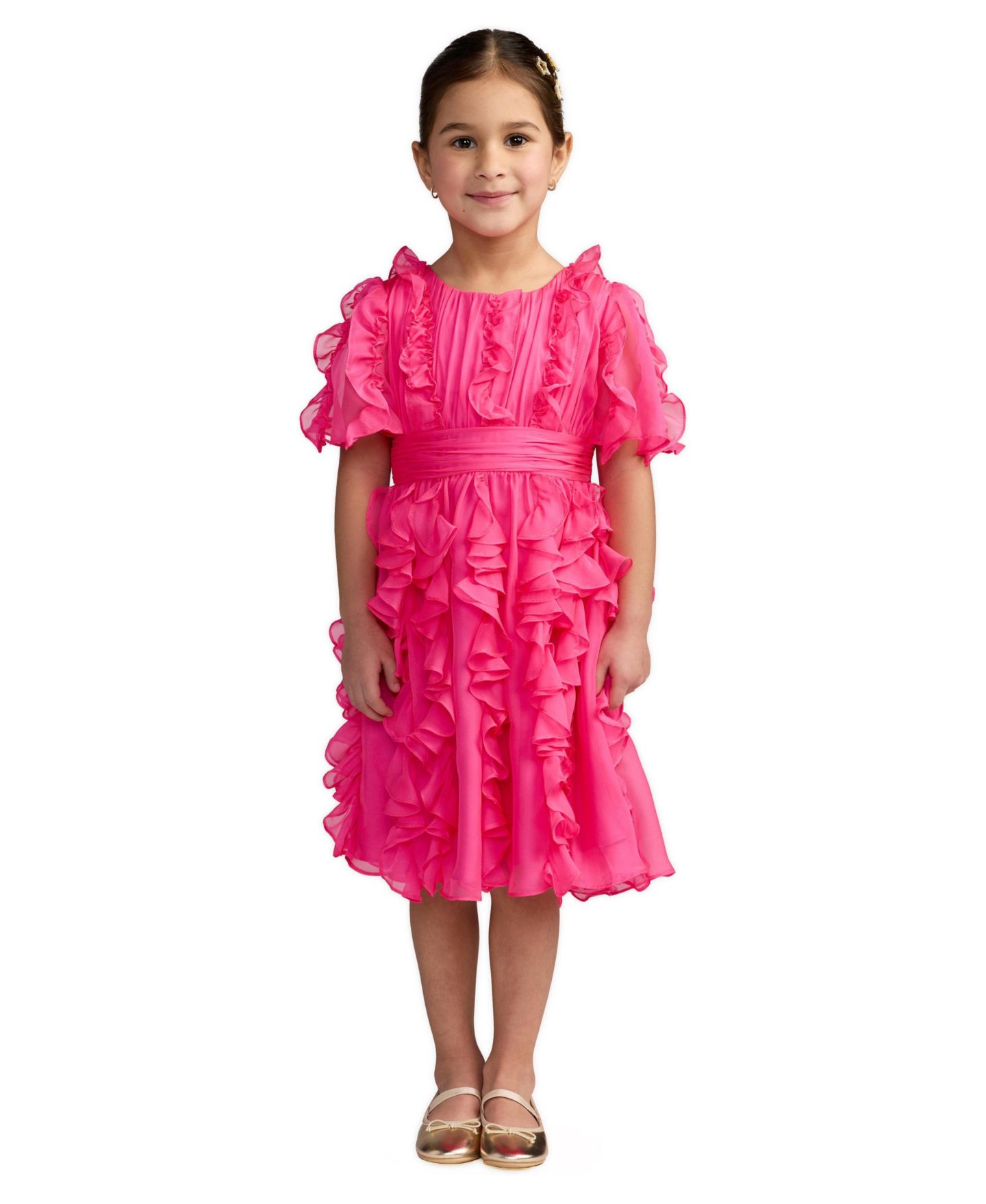 Платье Mac Duggal Chiffon High Neck Ruffle Dress для девочек, цвет: Фуксия — фото 1