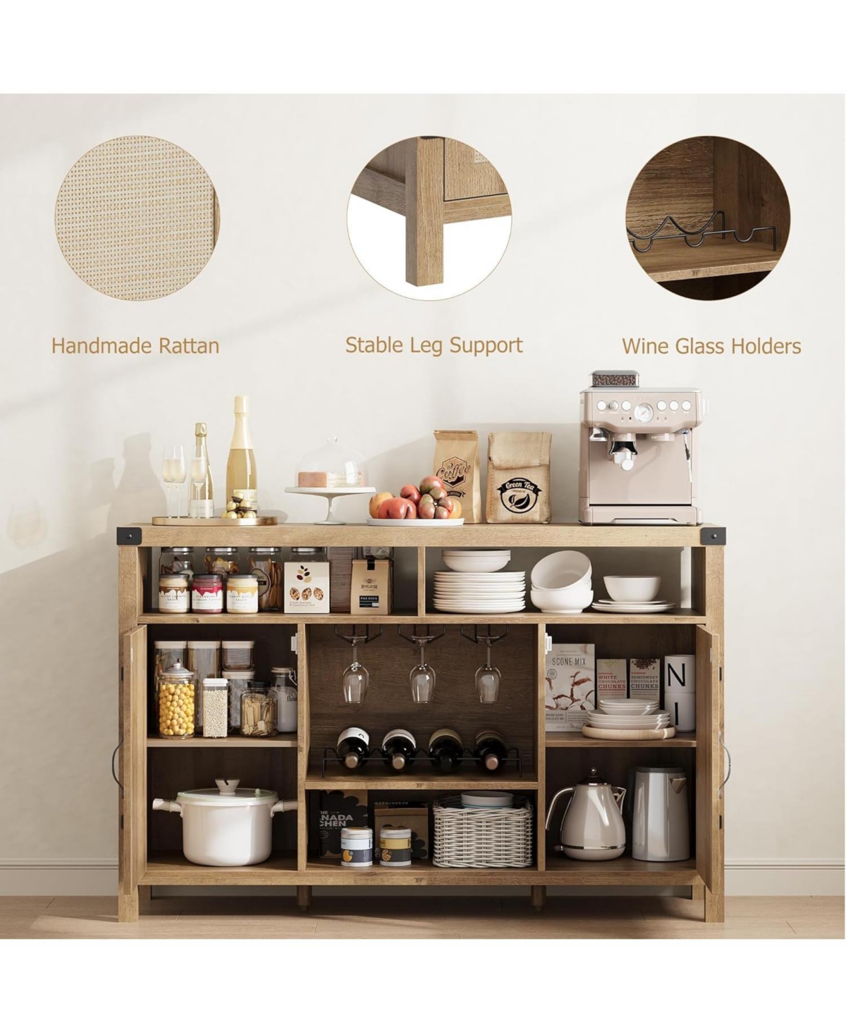 gaomon Farmhouse Wine Bar Cabinet with Rattan Sliding Door 59 Inch Coffee Bar with Wine Rack Adjustable Shelves Sideboard Wood