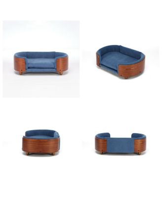 Mid-Century Wood Pet Bed with Velvet Cushion