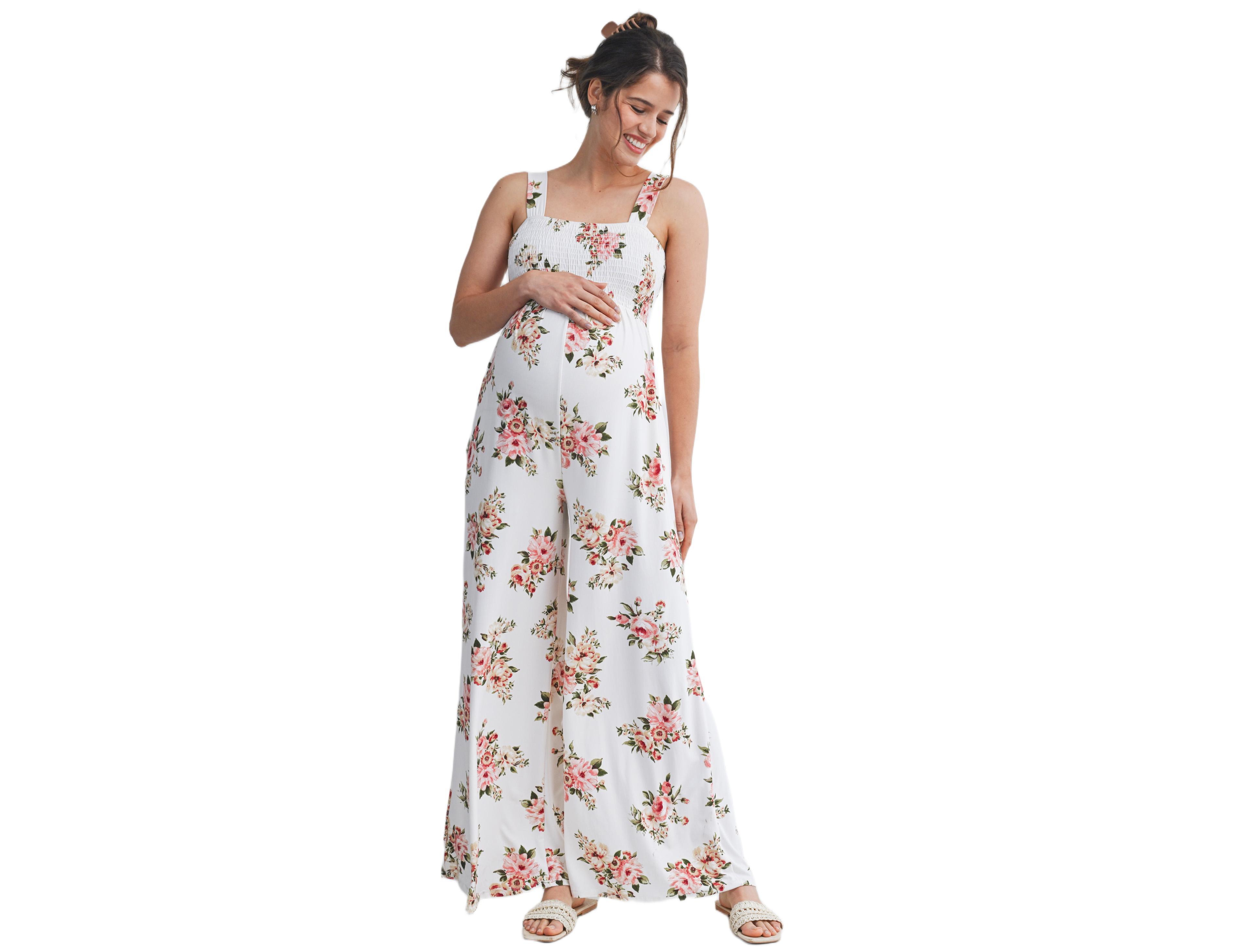 Hello Miz Maternity Floral Smocked Square Neck Wide Leg Jumpsuit with Pockets
