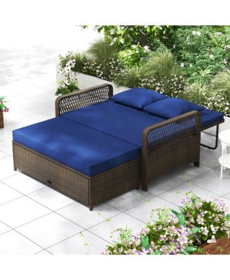 Patio Rattan Daybed Wicker Loveseat Sofa w/ Multifunctional Ottoman