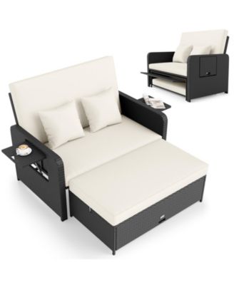 Set of 2 PE Wicker Outdoor Daybed w/4-Level Adjustable Backrest Storage Ottoman