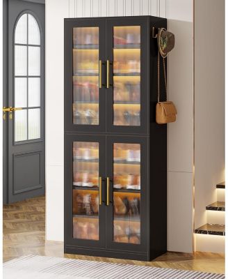 8-Tier Tall Shoe Storage with Acrylic Doors and LED Lights Set of 2, Organizer Rack with Adjustable Shelves and Hanging Hooks