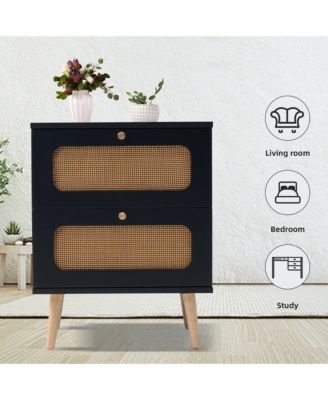 2-Drawers Rattan Nightstand, Handwoven Bedside Table End Table with Solid Wood Legs for Bedroom and Living Room