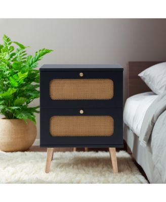 2-Drawers Rattan Nightstand, Handwoven Bedside Table End Table with Solid Wood Legs for Bedroom and Living Room