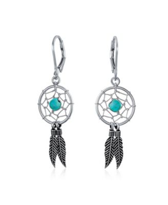 Native American Style Turquoise Dream Catcher Feather Leaf Dangle Earrings Sterling Silver